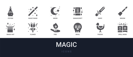 Set of 12 solid Magic icons for dashboards, app screens and website sections. Filled glyph collection including magic wand, manuscript, broom, flower and fire. © Olivia