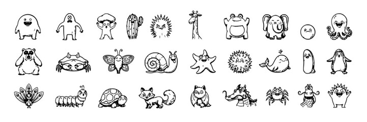 Obraz premium Whimsical Cartoon Animals and Creatures in Exaggerated Styles Featuring Illustration, Vector, Design with Cute and Funny Elements