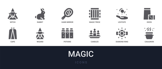 Set of 12 solid Magic icons for dashboards, app screens and website sections. Filled glyph collection including rabbit, magic trick, dices, wizard and potions. © Olivia