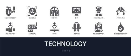 Fototapeta premium Set of 12 solid Technology icons for dashboards, app screens and website sections. Filled glyph collection including eye scan, dna, flying car, material and book.