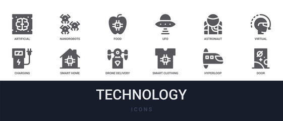 Fototapeta premium Set of 12 solid Technology icons for dashboards, app screens and website sections. Filled glyph collection including nanorobots, ufo, virtual reality, smart home and drone delivery.