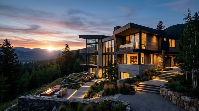 Modern luxury mountain lodge at dusk with warm lights.