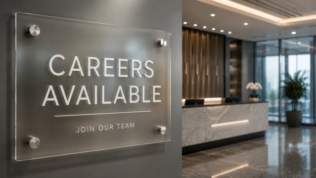 Careers available acrylic sign inside corporate office lobby reception area for hiring new employees.