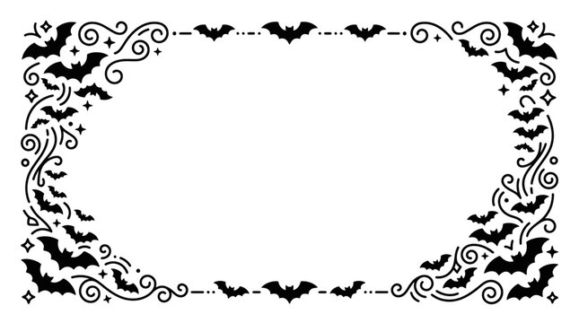 Decorative rectangular frame featuring silhouettes of flying bats and swirling patterns.