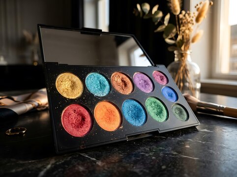 Colorful macarons on dark kitchen counter.