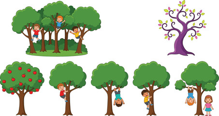 Cute children climbing and playing on green summer trees isolated cartoon vector illustration set