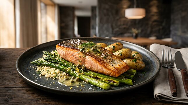 Freshly baked salmon fillet with herbs on bed of greens.