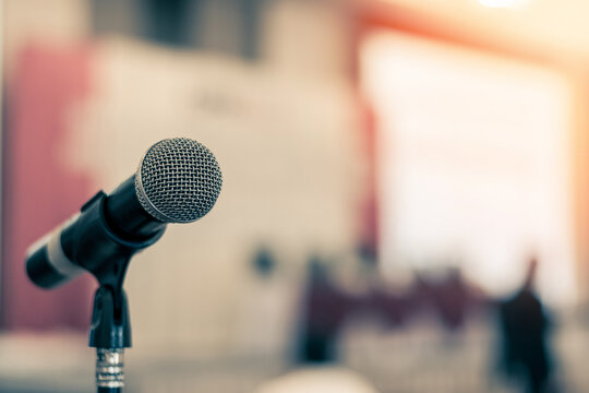 Microphone voice speaker in business seminar, speech presentation, town hall meeting, lecture hall or conference room in corporate or community event for host or townhall public hearing