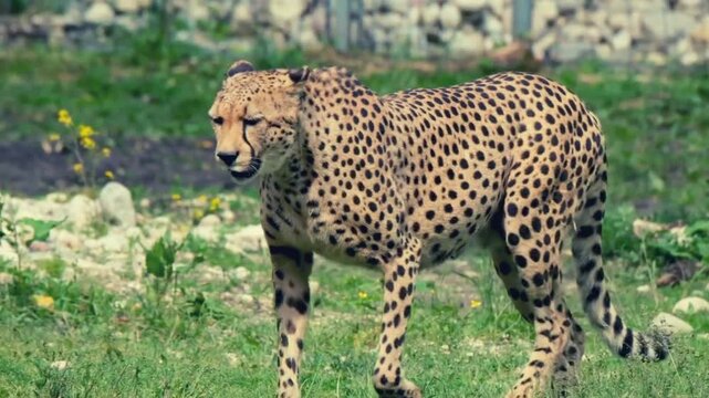 Majestic cheetah walking through green grass, wild spotted cat in natural habitat, African predator exploring savanna landscape
