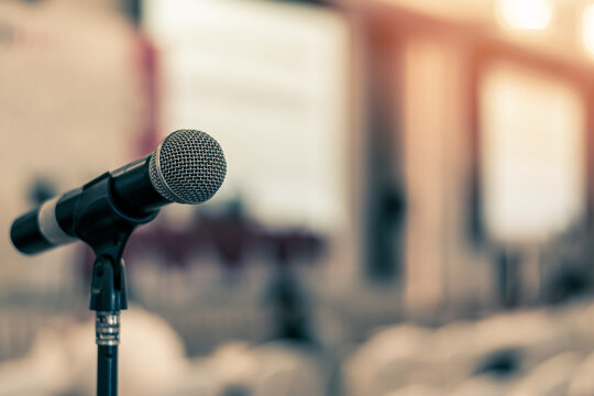 Microphone voice speaker in business seminar, speech presentation, town hall meeting, lecture hall or conference room in corporate or community event for host or townhall public hearing