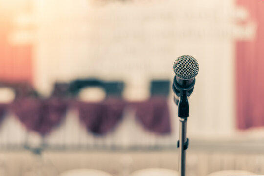 Microphone voice speaker in business seminar, speech presentation, town hall meeting, lecture hall or conference room in corporate or community event for host or townhall public hearing
