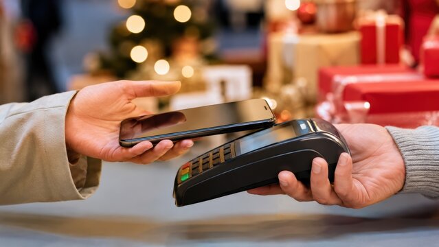 Customer makes a contactless mobile payment with smartphone over a POS terminal in a shop decorated with Christmas gifts and warm lights, showing secure holiday shopping and digital checkout