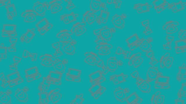 Multiple repeated grey cartoon cat faces on teal background, suitable for a fun and playful graphic design project or catthemed merchandise.