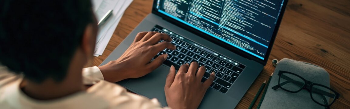 Programmer typing on a laptop keyboard coding software as a technology developer