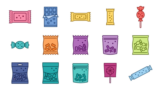 Colorful illustrated candy and snack wrappers collection.