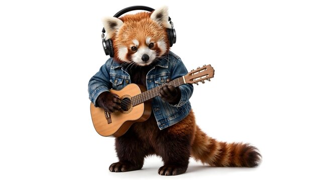 Realistic red panda sitting while playing guitar, isolated on white background with detailed fur and studio lighting.