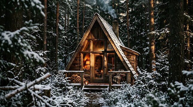 Cozy wooden cabin nestled in snowy forest at dusk.