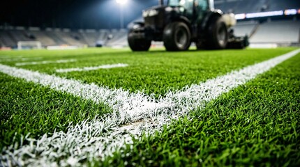 Fototapeta premium Professional sports stadium macro view of lush vibrant green turf grass and freshly painted white yard lines with a large heavy tractor nearby.