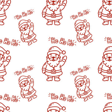 Cute Santa Claus seamless pattern with Ho Ho Ho text, red line art Christmas background raster illustration