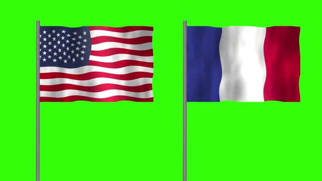 Flag of Frence Polynisia and USA, Pole flag of Frence Polynisia and USA on Green screen chroma key, Frence Polynisia and USA flag waving.
