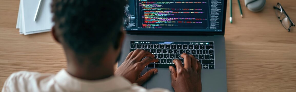 Developer and programmer coding software on a laptop at a modern office workspace