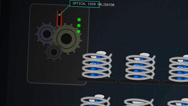 Animation showing the internal mechanical and electrical workings of a vending machine dispensing an energy drink can