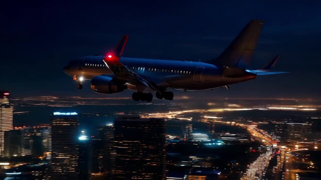 airplane flying away over night city view, passenger jet climbing above illuminated urban skyline with navigation lights, air travel departure scene with ascent and movement from modern metropolis