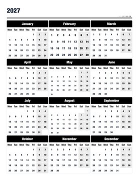 Calendar layout for the year 2027 in black and white design usa letter 