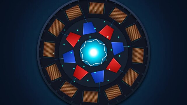 Animated cross section diagram of an electrical generator showing central rotor with magnets and copper stator coils producing electromagnetic induction and energy output