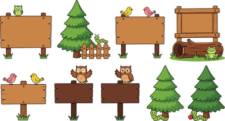 Cute Cartoon Nature Element Vector Set with Blank Wooden Signboards Owls Birds Pine Trees and Worms for Notification Design