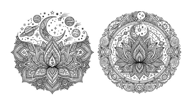 Two decorative lotus flower mandala drawings with crescent moon and planet elements