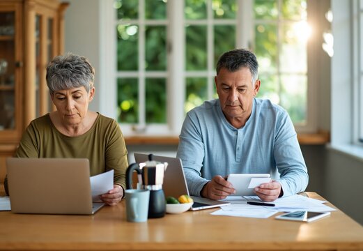 Senior couple planning retirement finances with laptop and documents at home table