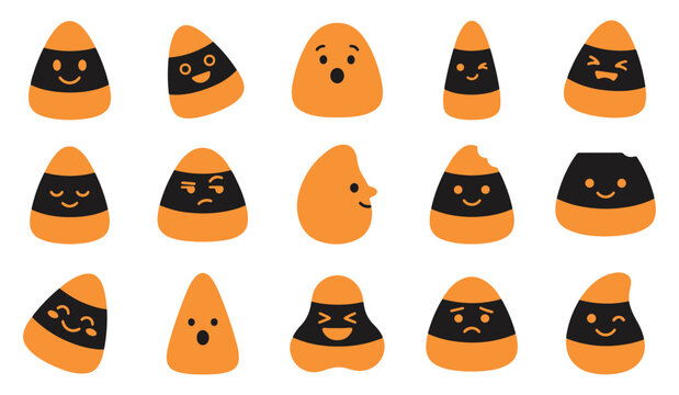 Set of cute candy corn characters with various funny facial expressions for halloween holiday design elements