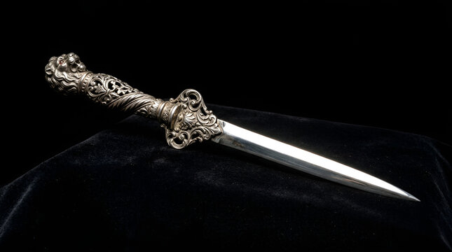 Antique silver lion head dagger on black velvet background