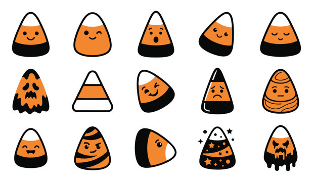 Set of cute hand drawn candy corn characters with various funny facial expressions for halloween celebration design