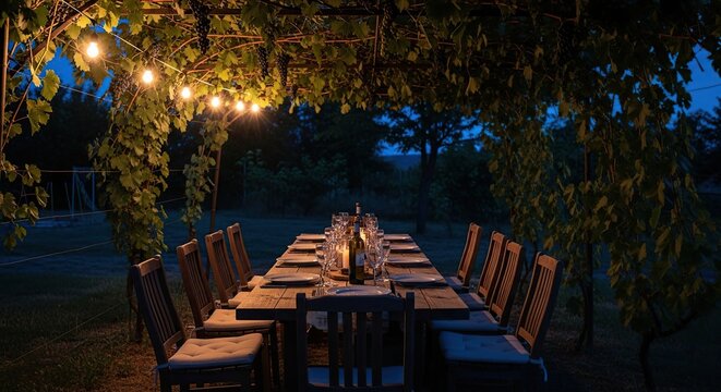 Cozy Forest Dinner Under String Lights