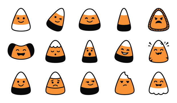 Set of cute cartoon candy corn characters with various funny facial expressions for halloween holiday design projects