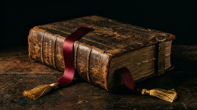 Ancient chronicles leather bound book with bookmarks on wood table
