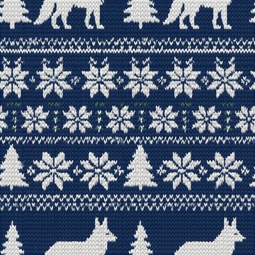 Deep blue knitted texture seamless pattern with white snowflake and winter tree motifs snowflake seamless christmas background geometric seasonal traditional scandinavian wallpaper wrapping