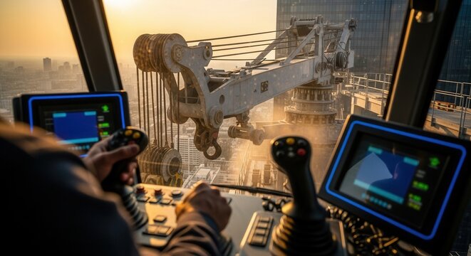Crane Operator Control Cabin View At Sunset Over City Construction