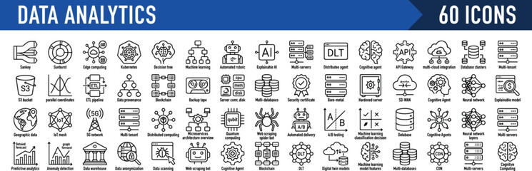 Fototapeta premium A comprehensive set of 60 line art icons for data analytics, business intelligence, and modern technology concepts.