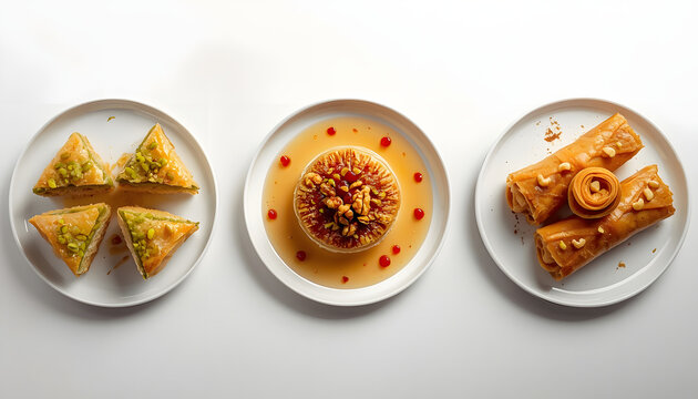 Gourmet dessert trio on white plates for restaurant menu. Artisanal pastries and sweet treats displayed elegantly for food photography.