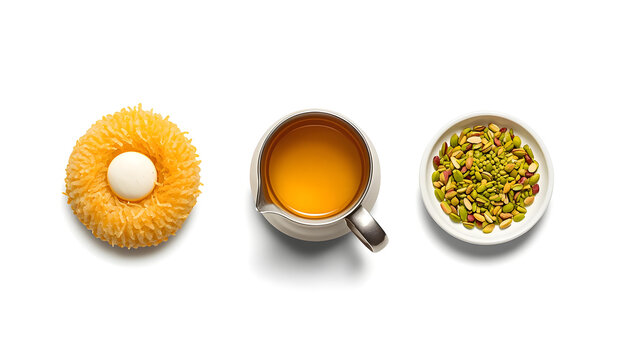 Gourmet donut, caramel sauce, and matcha dessert trio on white. Three premium circular pastries with vibrant toppings for food styling.
