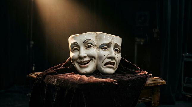Comedy and tragedy theater masks on dark stage under spotlight