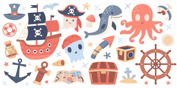 Nautical And Pirate Themed Illustration Collection Colorful Vector Graphics