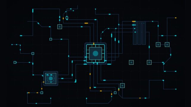 CPU Circuit Board Animation with Glowing Cyan Data Flow Technology Background 4K