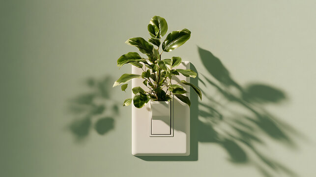 A white light switch with fresh green leaves blooming from the push button
