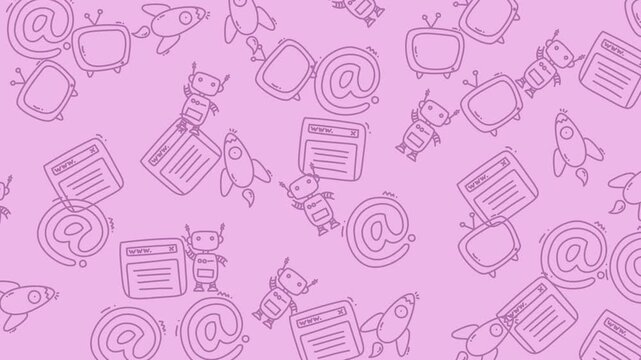 Pink pattern with cute robots, rocket ships, televisions, and email symbols. Ideal for childrens merchandise, tech products, and marketing materials.