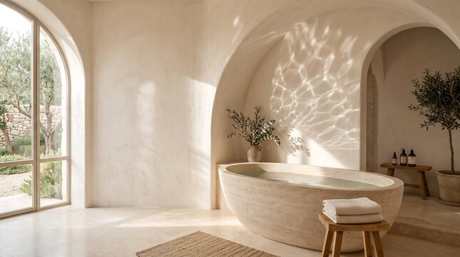Luxurious minimalist bathroom interior, serene spa-like retreat with natural light. Elegant arched windows, a stone bathtub, and olive trees create a tranquil, earthy aesthetic.