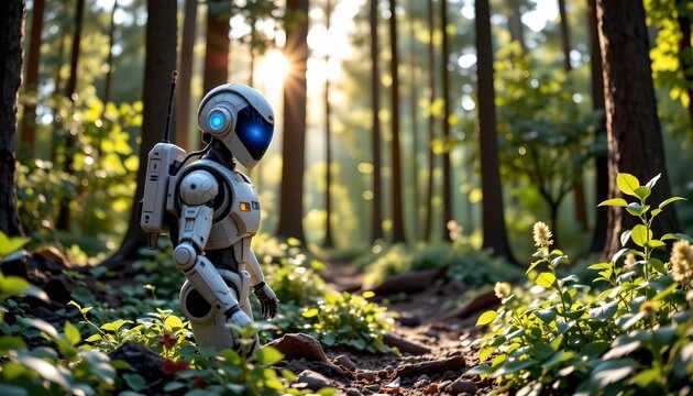 A small humanoid robot with a sleek, white and gray body and glowing blue eyes stands on a forest path surrounded by lush green foliage